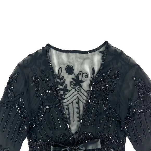 Adrianna Papell Boutique Black Silk Beaded Sheer Shrug